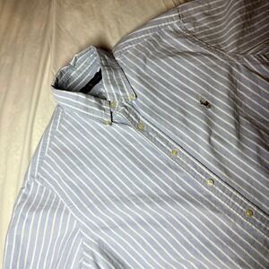 Ralph Lauren Mens Blue White Striped Short Sleeve Oxford Button Down Shirt L
